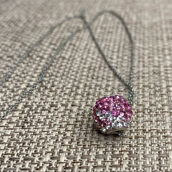 SILVER tone Necklace Pink White Rhinestones Crystals Bead Style Round on Chain - Picture 4 of 5